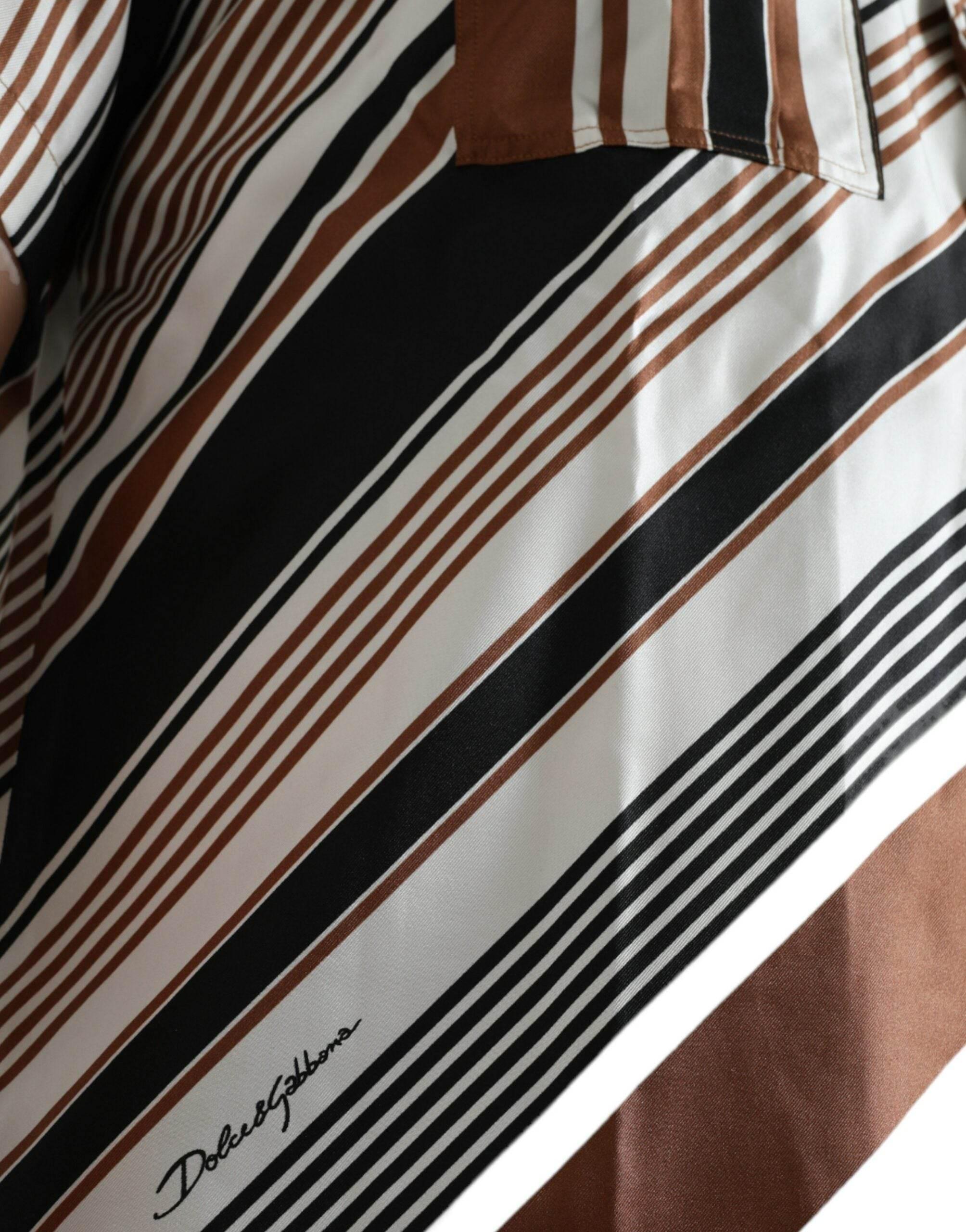 Dolce & Gabbana Brown White Silk Striped Short Sleeve Shirt - Hilstor