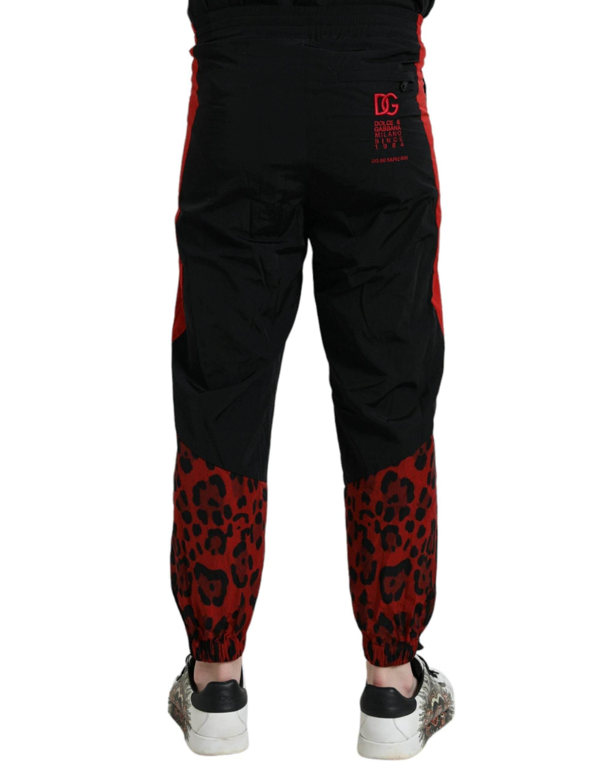 Dolce & Gabbana Black Red Leopard Print Nylon Jogger Pants - Hilstor