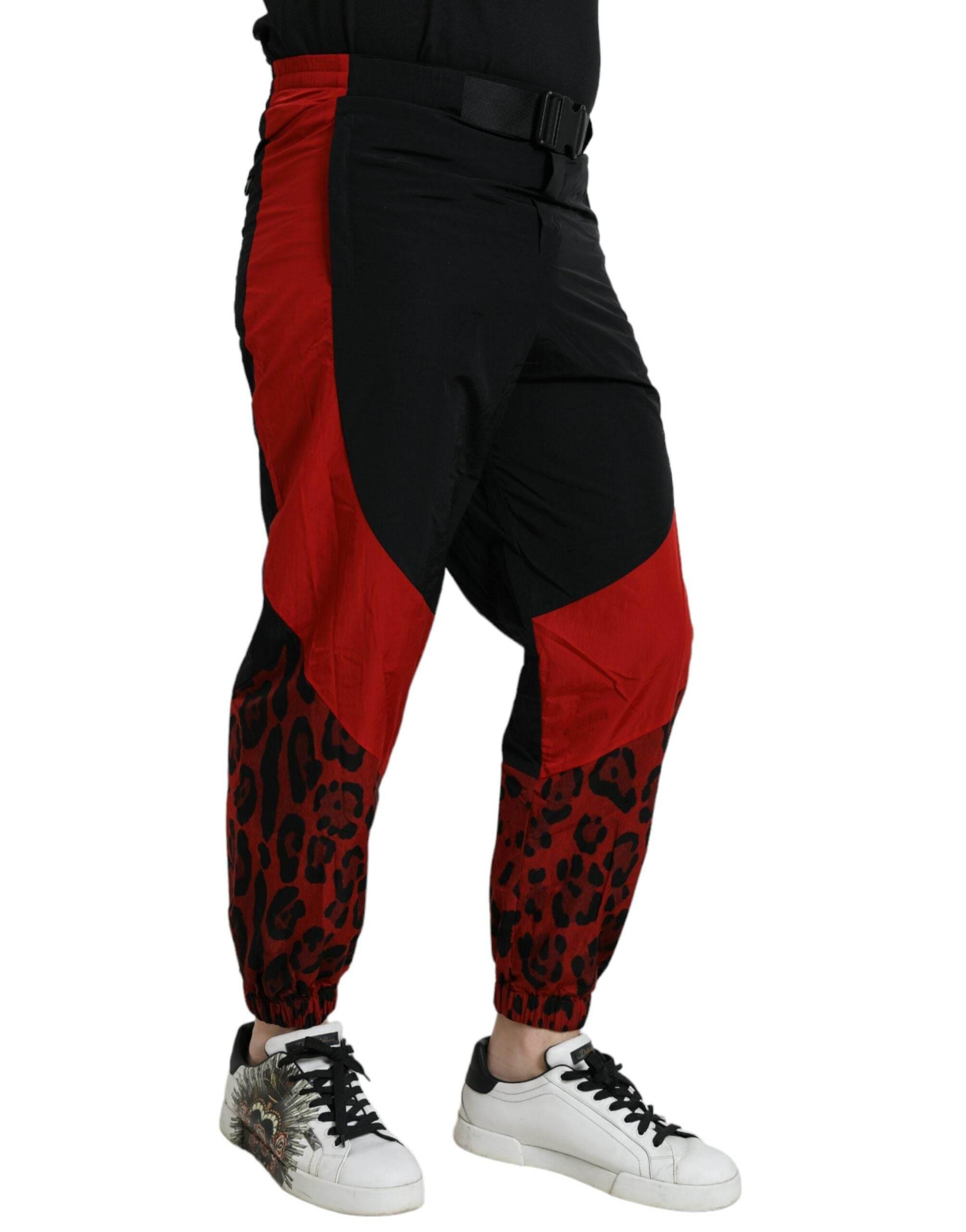 Dolce & Gabbana Black Red Leopard Print Nylon Jogger Pants - Hilstor