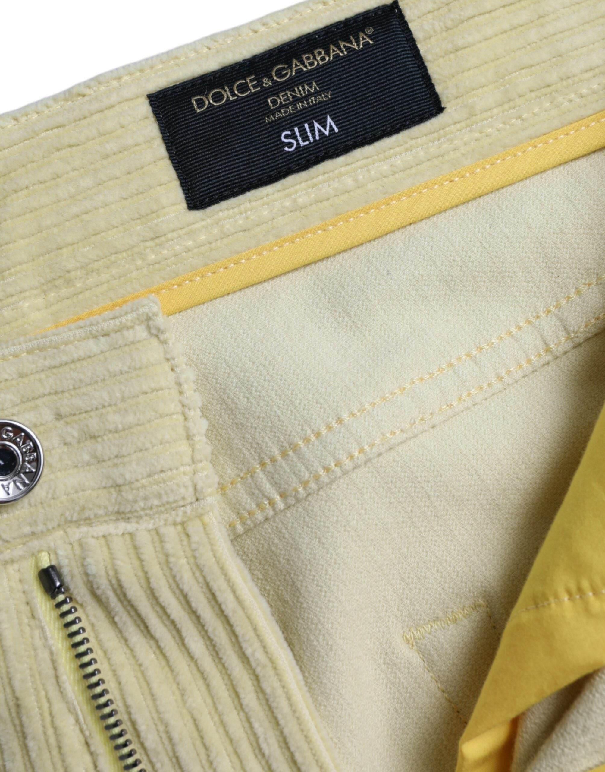Dolce & Gabbana Yellow Corduroy Logo Plaque Skinny Denim Jeans - Hilstor