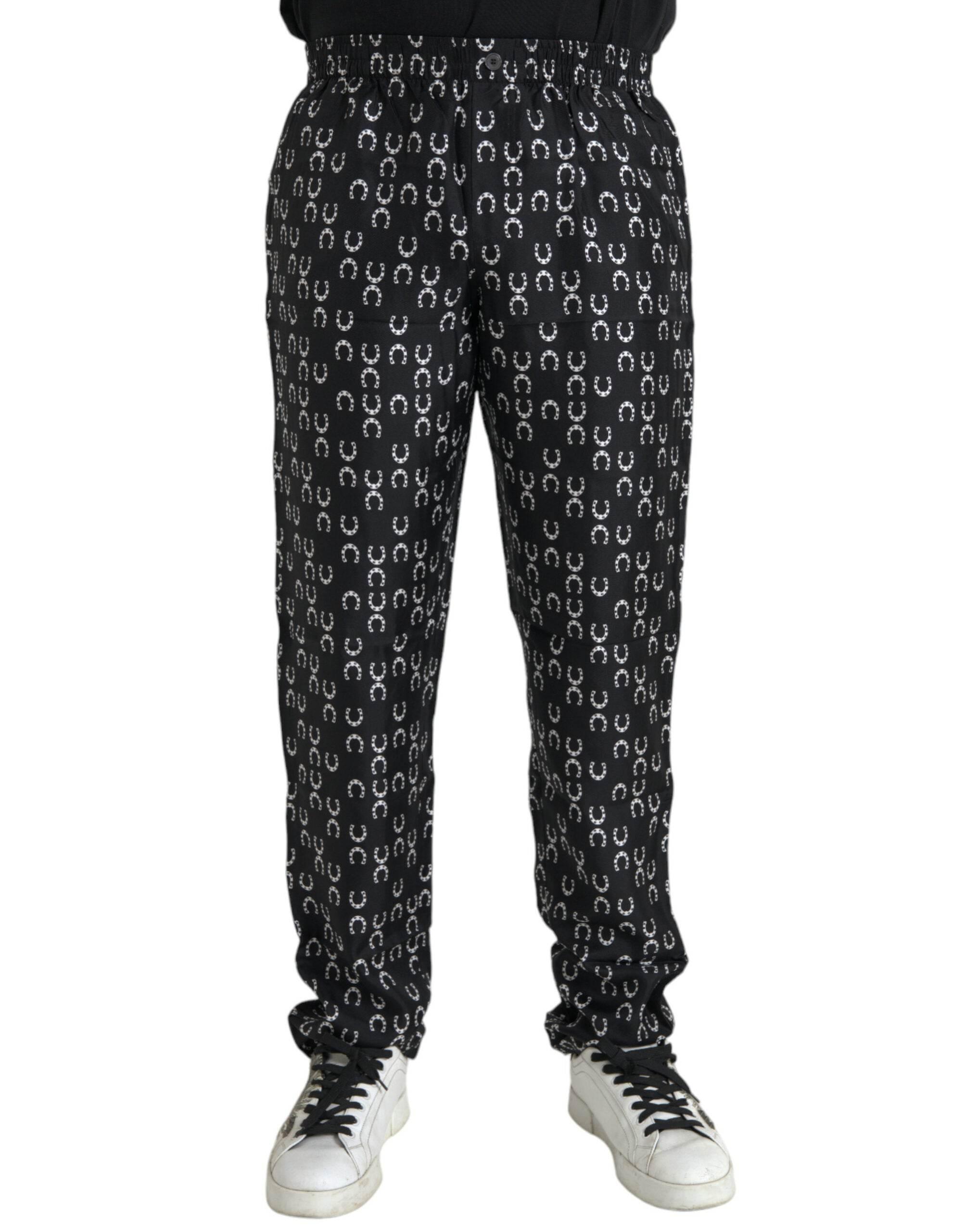 Dolce & Gabbana Black Horseshoe Print Silk Pants - Hilstor