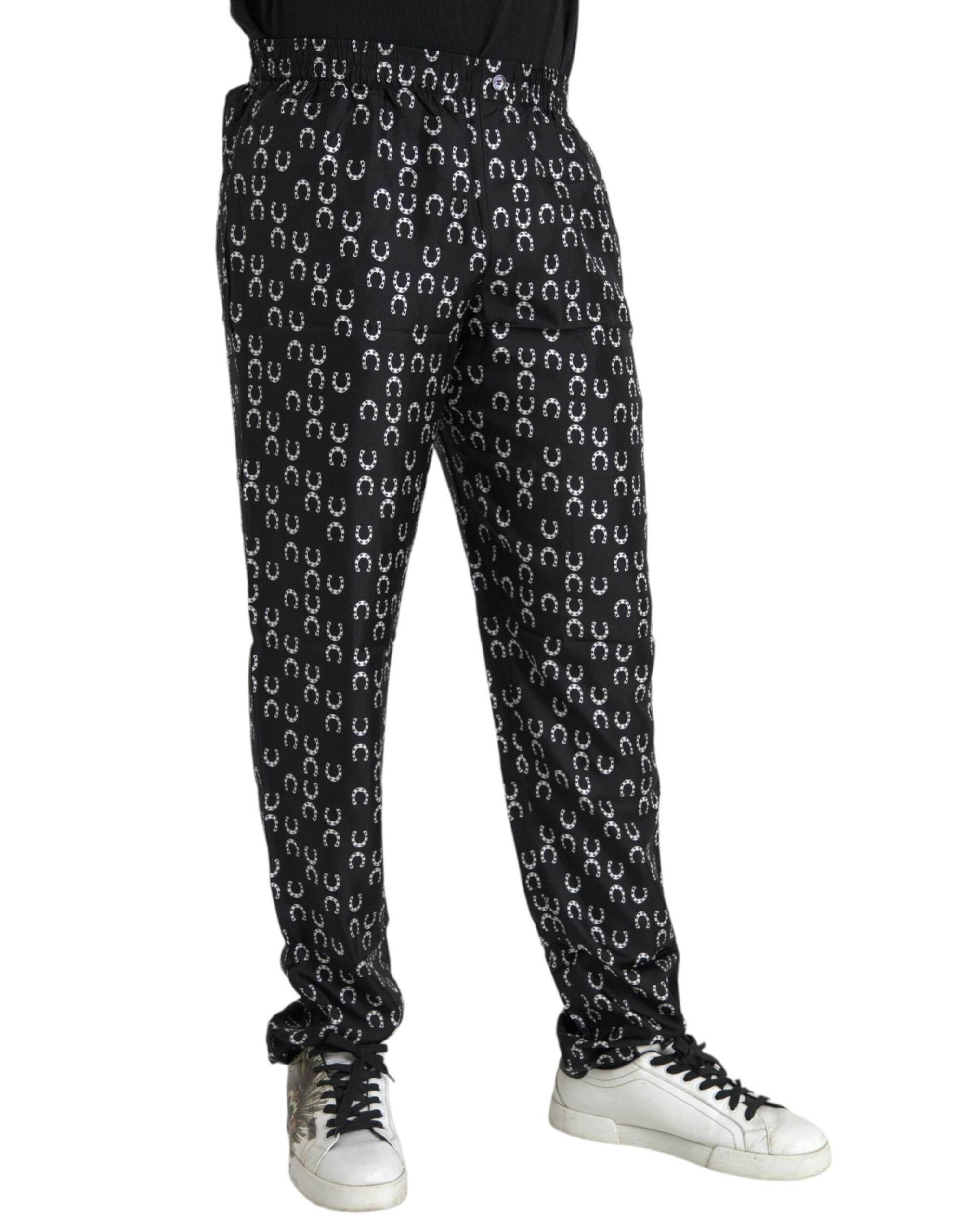 Dolce & Gabbana Black Horseshoe Print Silk Pants - Hilstor
