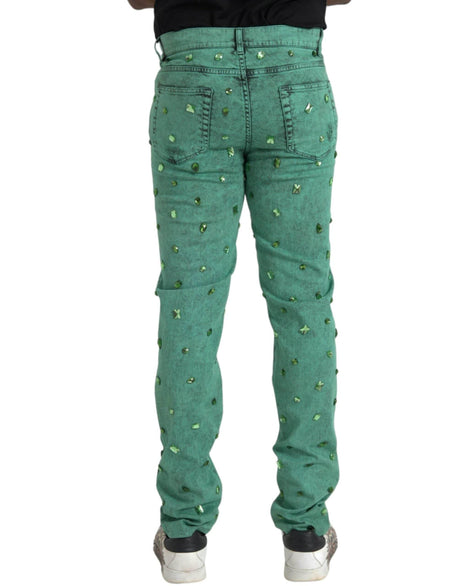 Dolce & Gabbana Green Crystals Cotton Stretch Slim Jeans - Hilstor