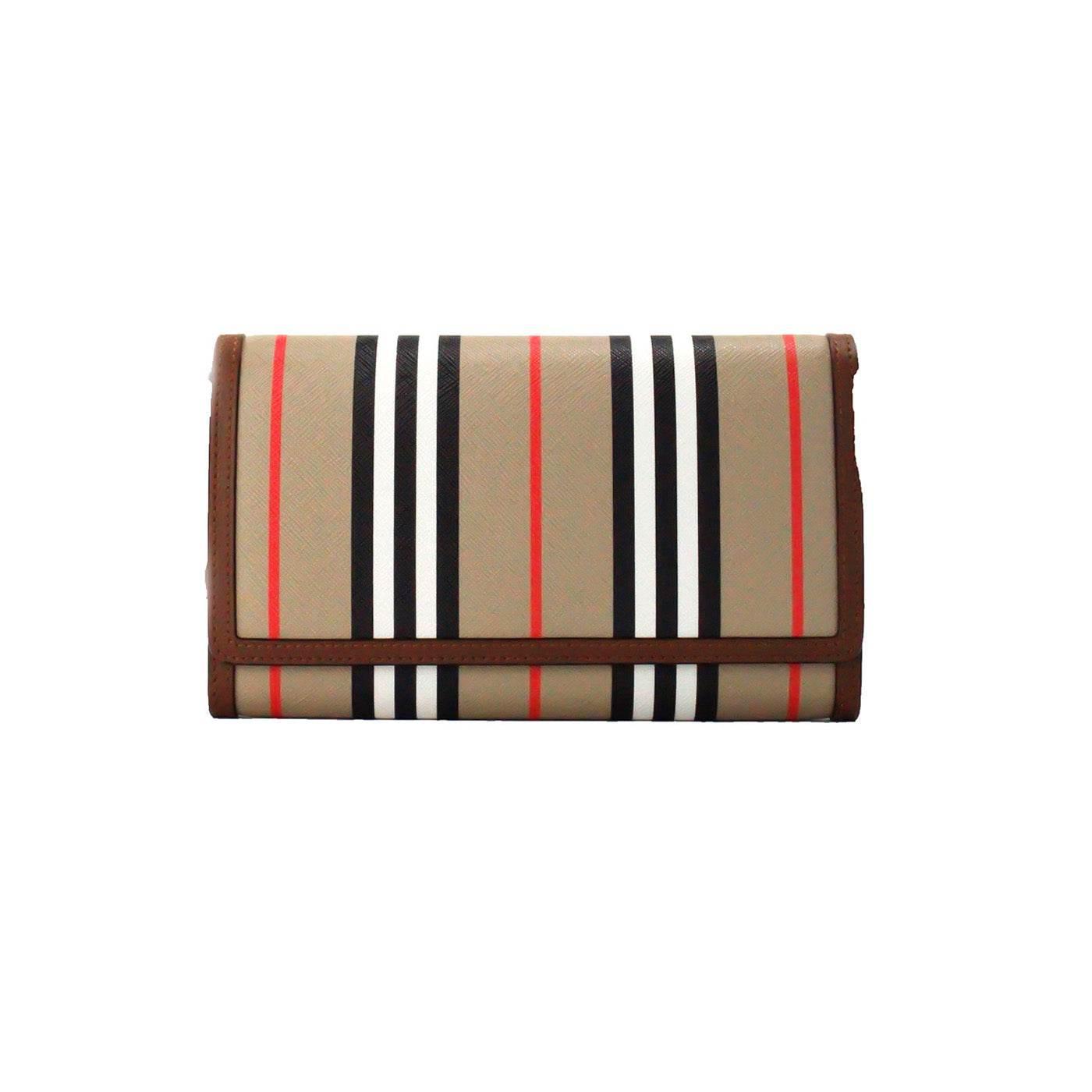 Burberry Hannah Icon Stripe Archive Tan E-Canvas Leather Wallet Crossbody Bag - Hilstor