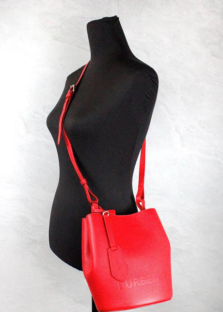 Burberry Lorne Small Red Pebbled Leather Bucket Crossbody Purse Bag - Hilstor