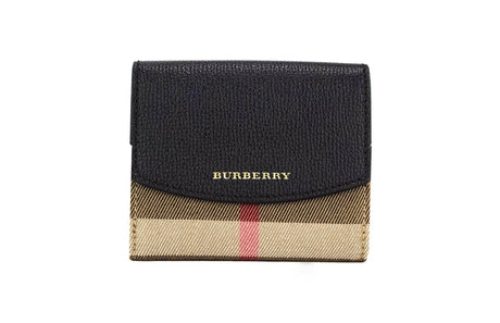 Burberry Luna Black Grained Leather House Check Canvas Coin Pouch Snap Wallet - Hilstor