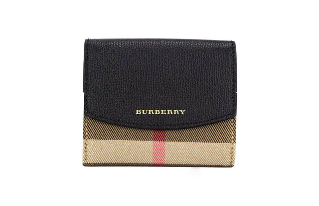Burberry Luna Black Grained Leather House Check Canvas Coin Pouch Snap Wallet - Hilstor
