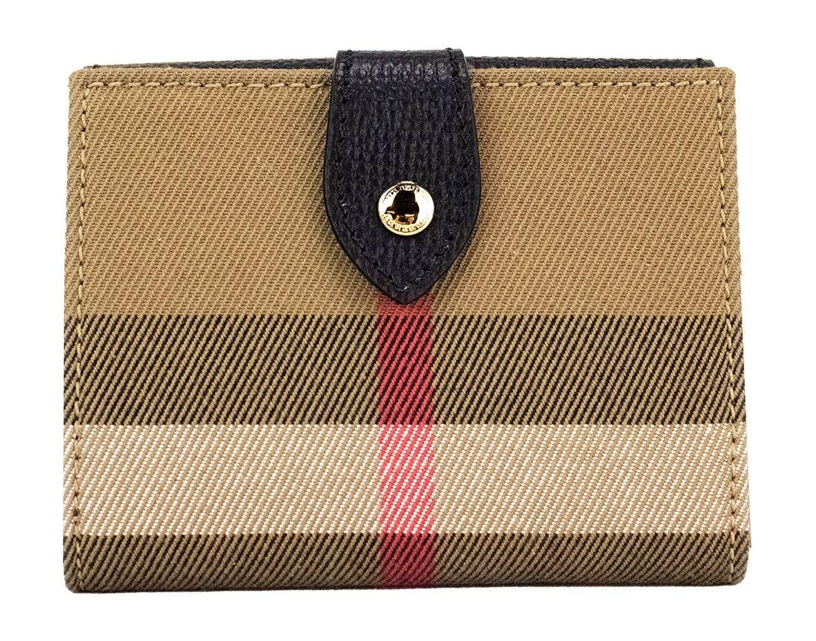 Burberry Luna Black Grained Leather House Check Canvas Coin Pouch Snap Wallet - Hilstor