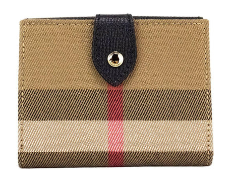 Burberry Luna Black Grained Leather House Check Canvas Coin Pouch Snap Wallet - Hilstor