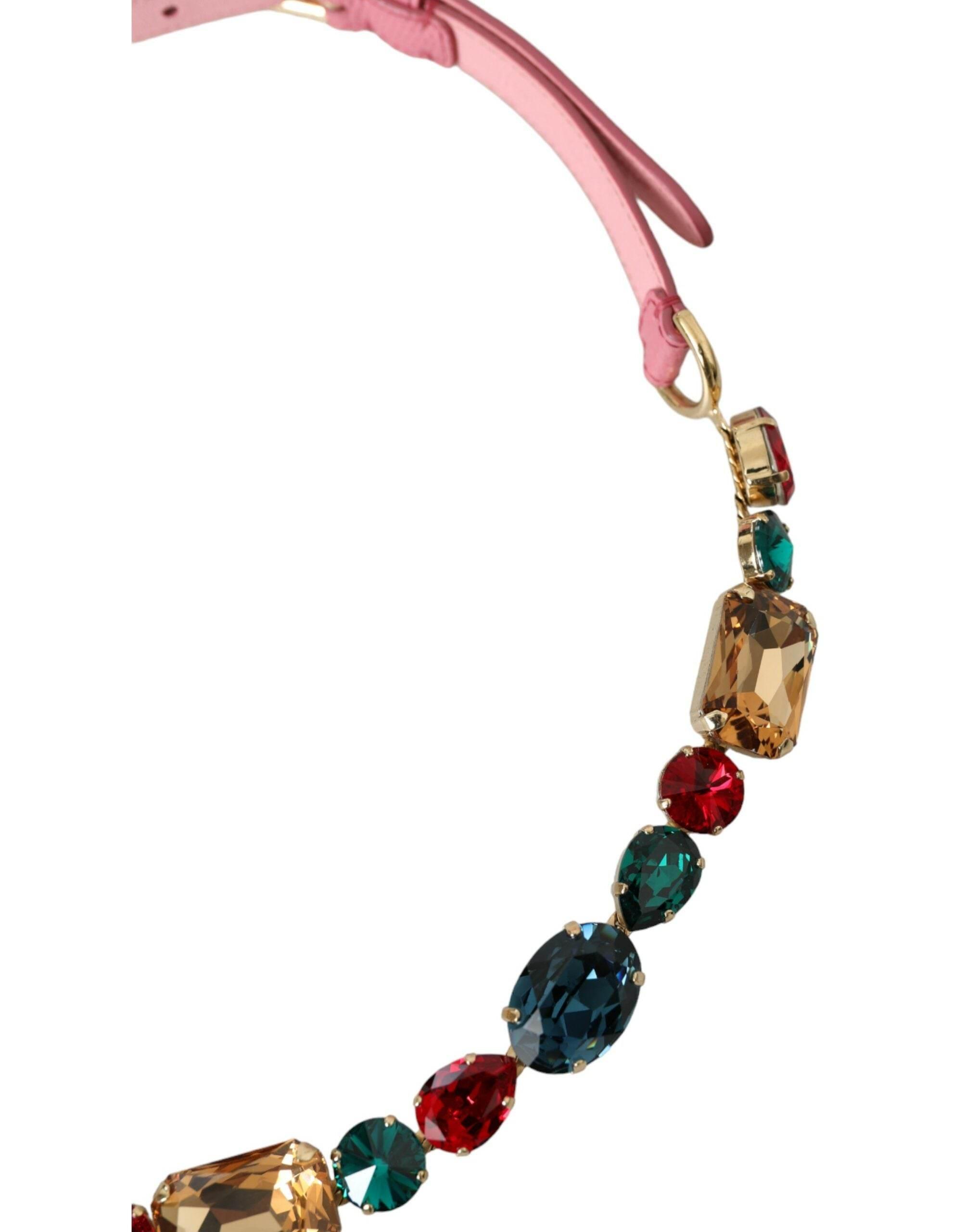 Dolce & Gabbana Pink Leather Crystal Chain Embellished Belt - Hilstor