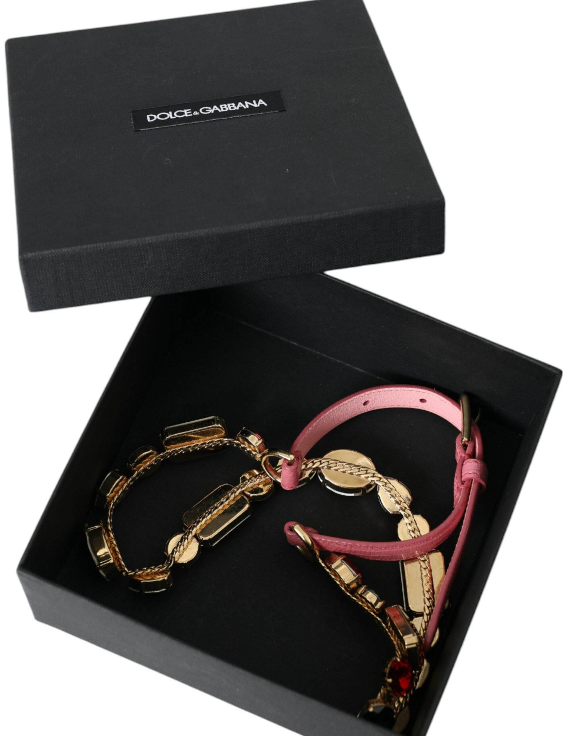 Dolce & Gabbana Pink Leather Crystal Chain Embellished Belt - Hilstor