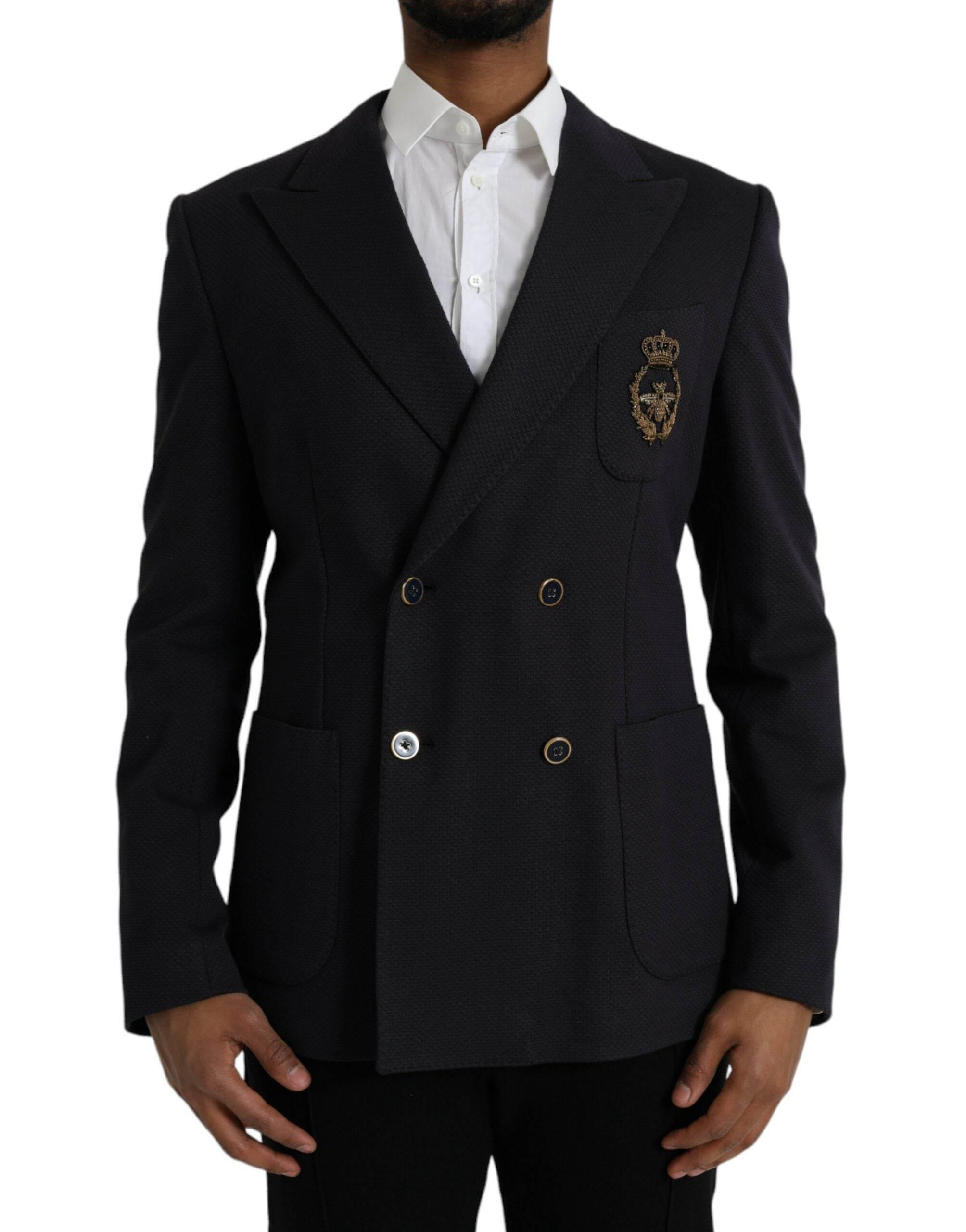 Dolce & Gabbana Dark Blue Crown Bee Double Breasted Blazer - Hilstor