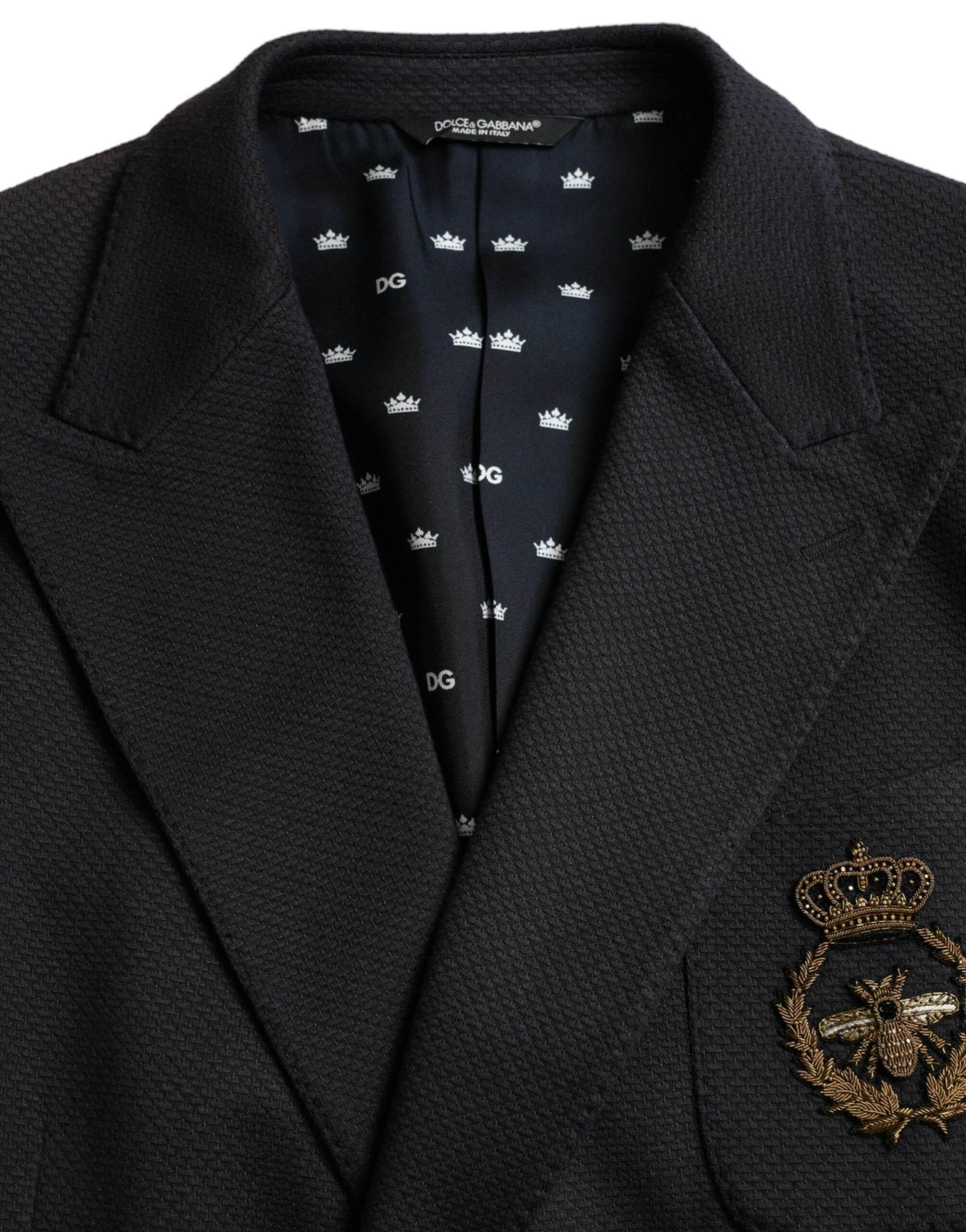 Dolce & Gabbana Dark Blue Crown Bee Double Breasted Blazer - Hilstor