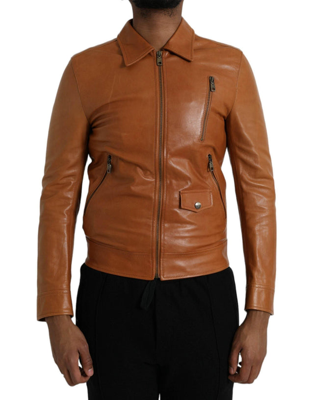 Dolce & Gabbana Brown Lamb Leather Full Zip Blouson Jacket - Hilstor