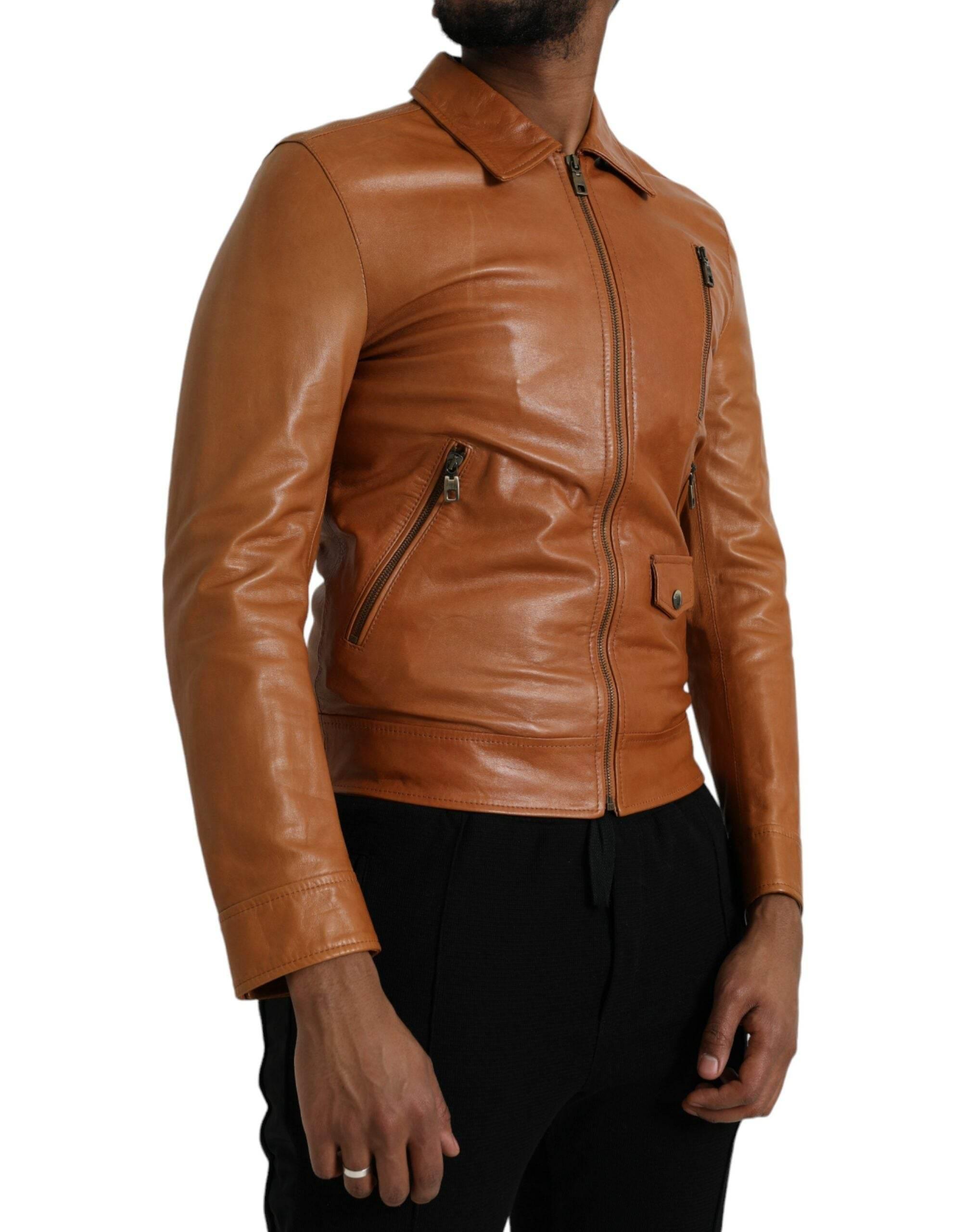 Dolce & Gabbana Brown Lamb Leather Full Zip Blouson Jacket - Hilstor