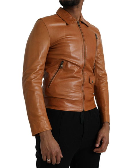 Dolce & Gabbana Brown Lamb Leather Full Zip Blouson Jacket - Hilstor