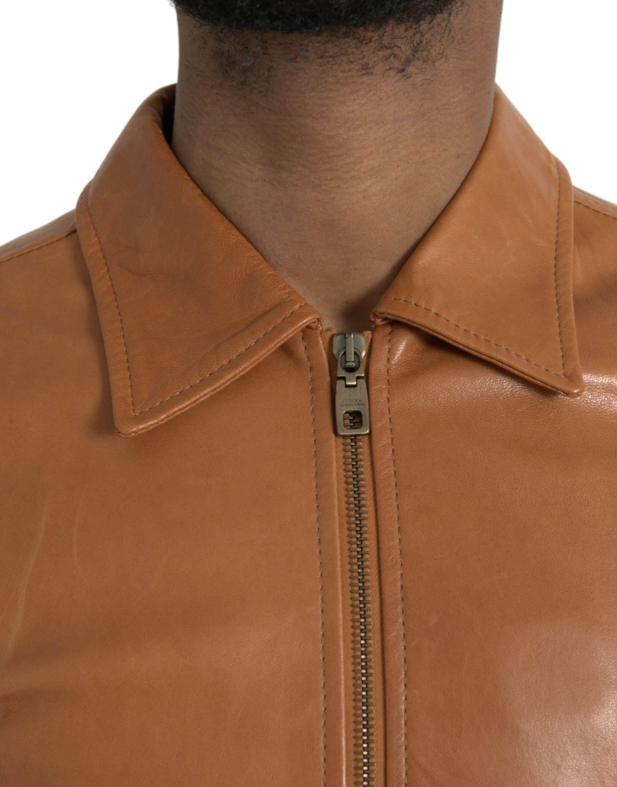 Dolce & Gabbana Brown Lamb Leather Full Zip Blouson Jacket - Hilstor