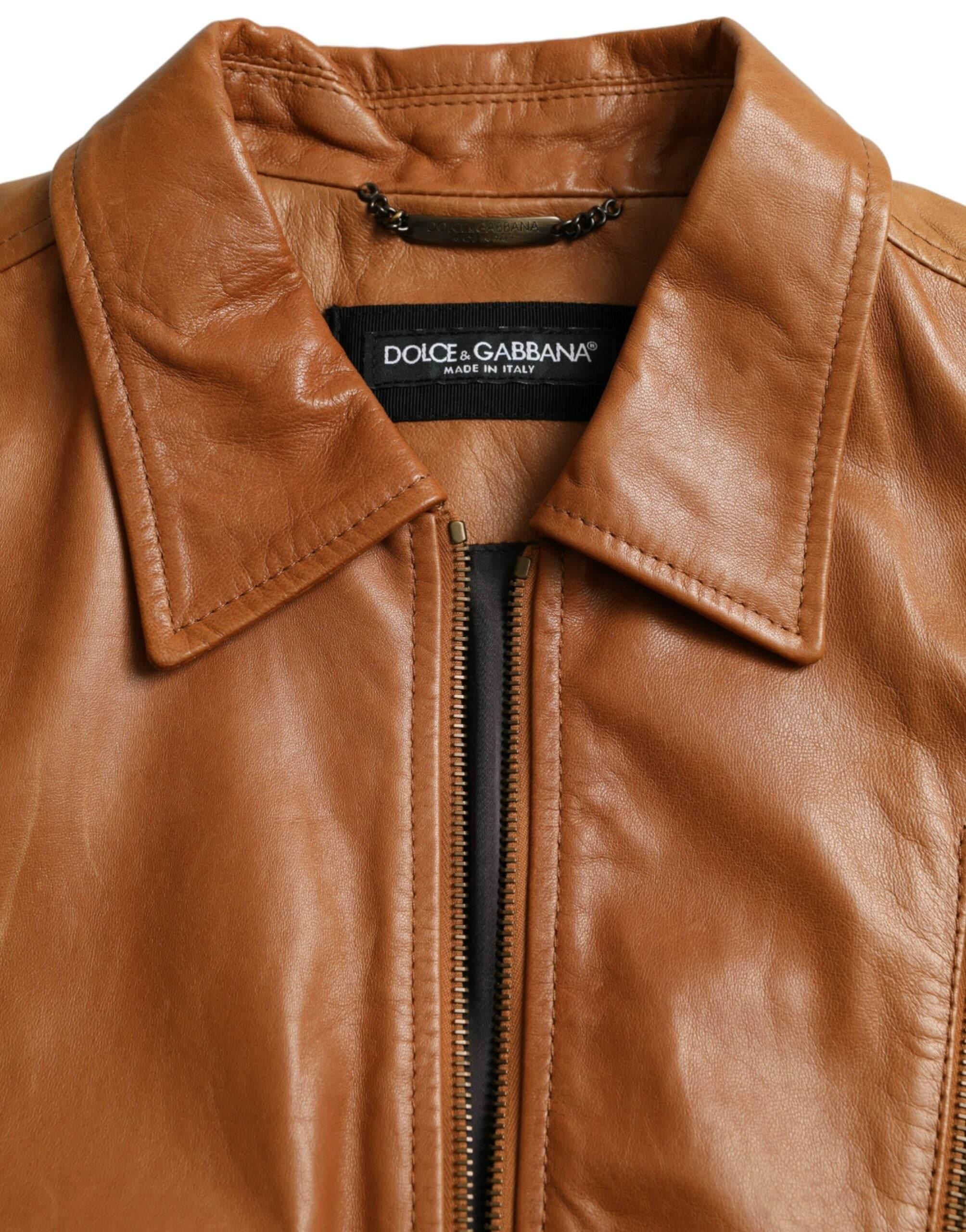 Dolce & Gabbana Brown Lamb Leather Full Zip Blouson Jacket - Hilstor