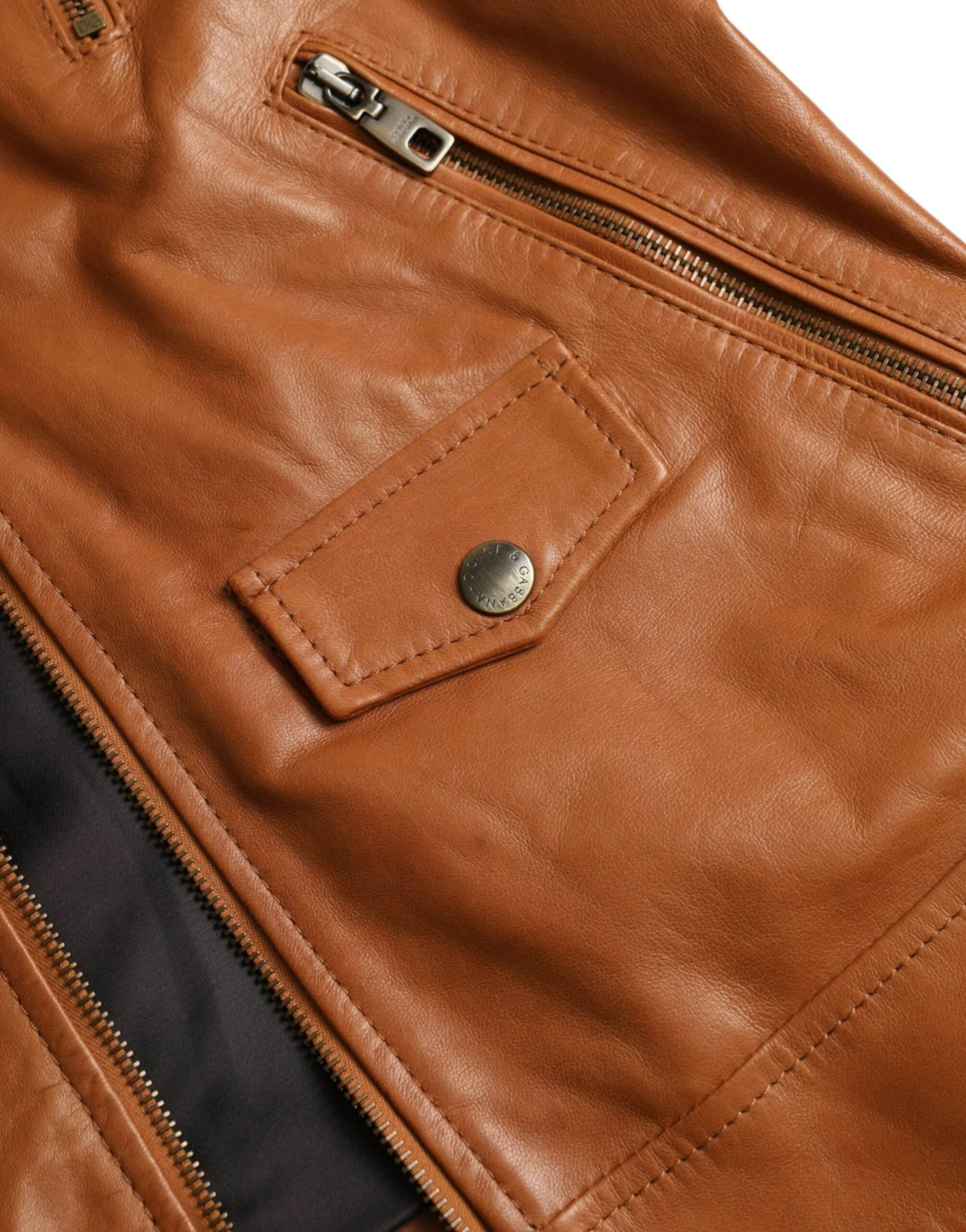 Dolce & Gabbana Brown Lamb Leather Full Zip Blouson Jacket - Hilstor