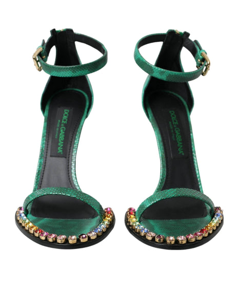 Dolce & Gabbana Green Exotic Leather Crystal Sandals Shoes - Hilstor