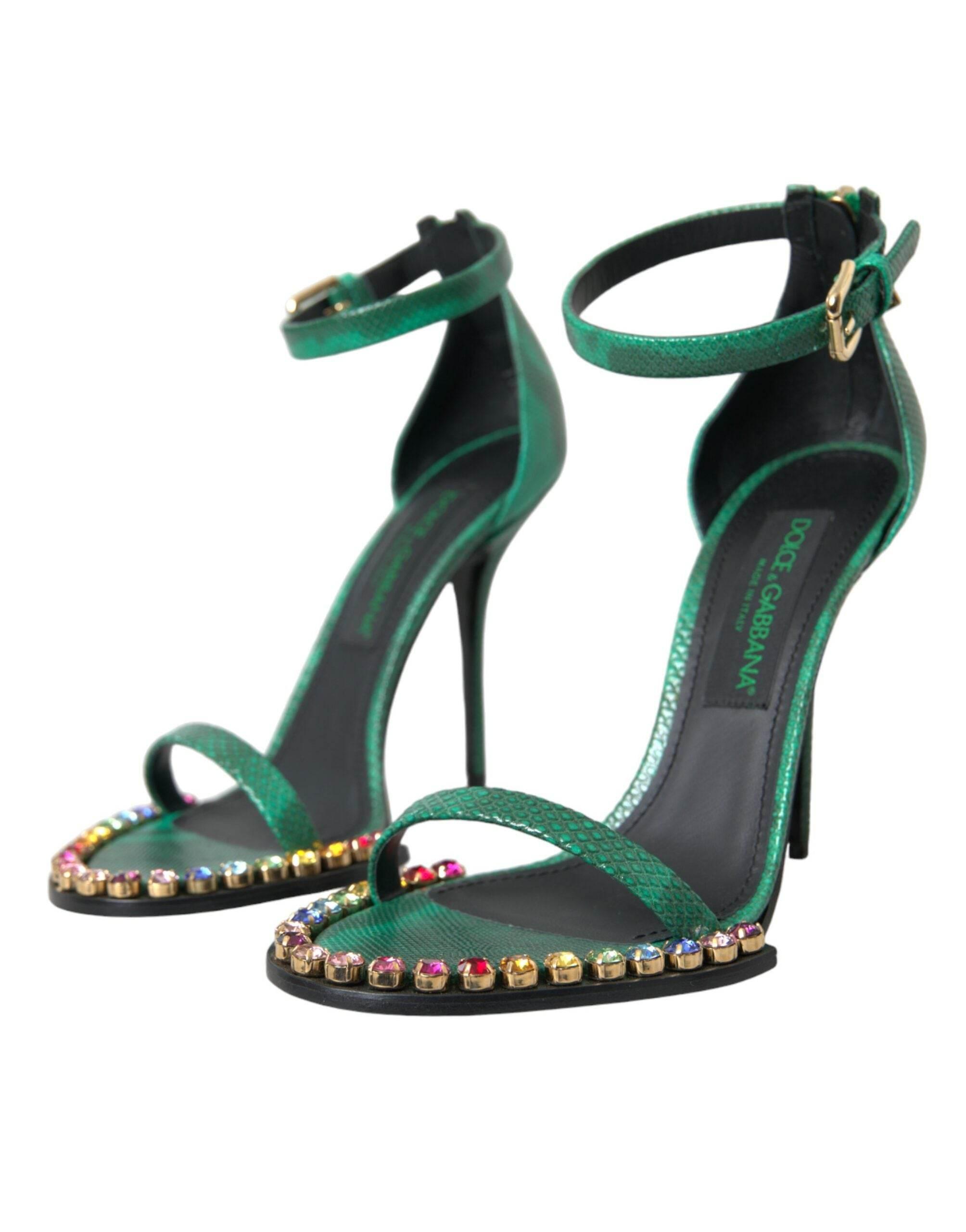 Dolce & Gabbana Green Exotic Leather Crystal Sandals Shoes - Hilstor