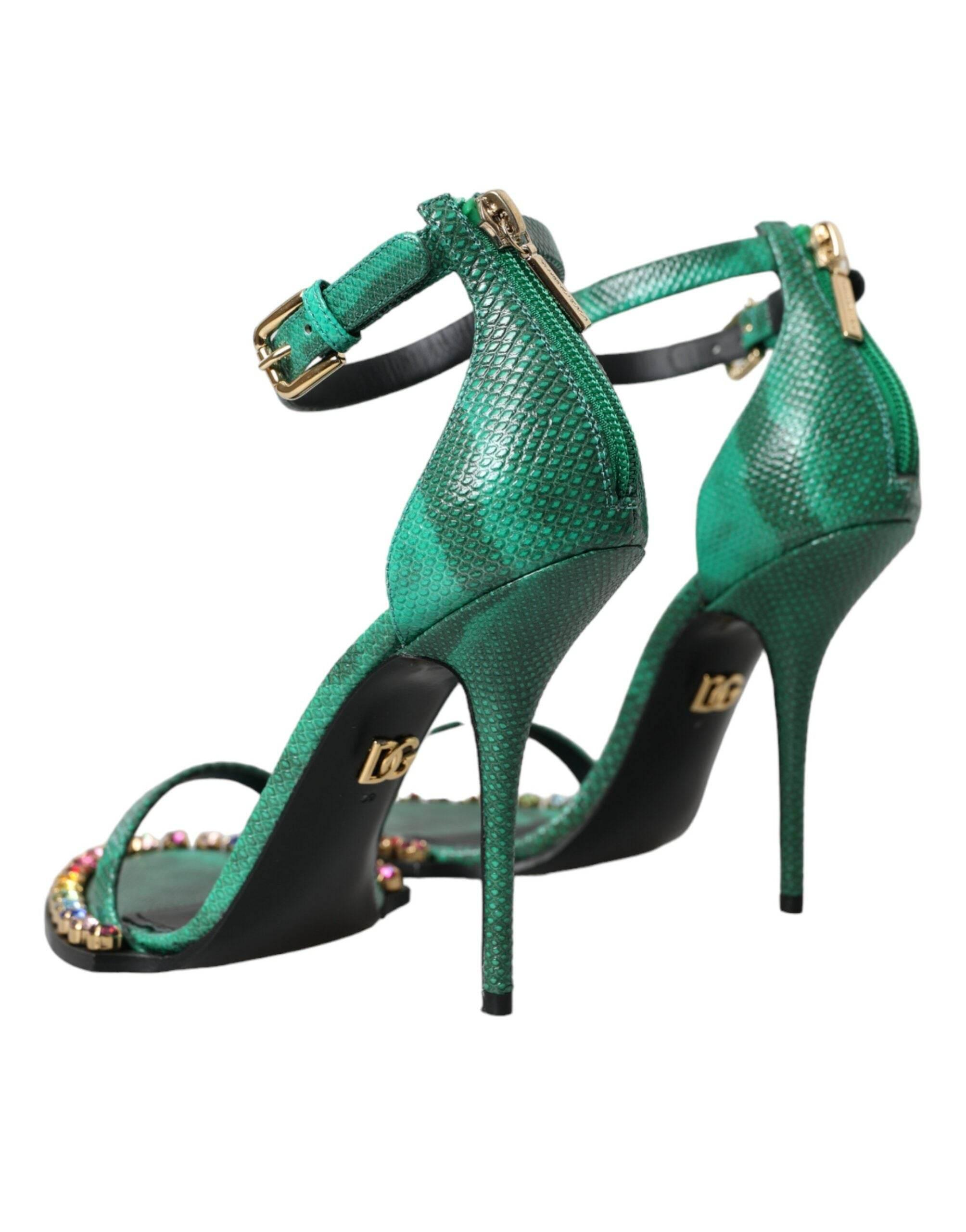 Dolce & Gabbana Green Exotic Leather Crystal Sandals Shoes - Hilstor