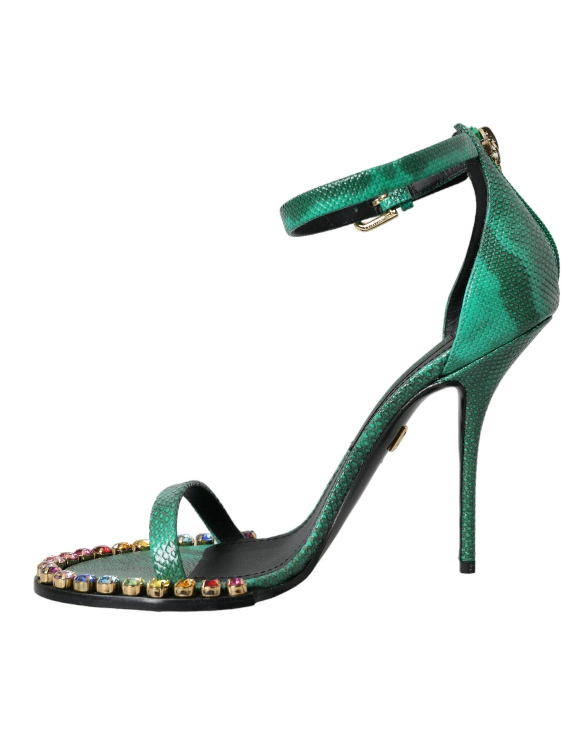 Dolce & Gabbana Green Exotic Leather Crystal Sandals Shoes - Hilstor