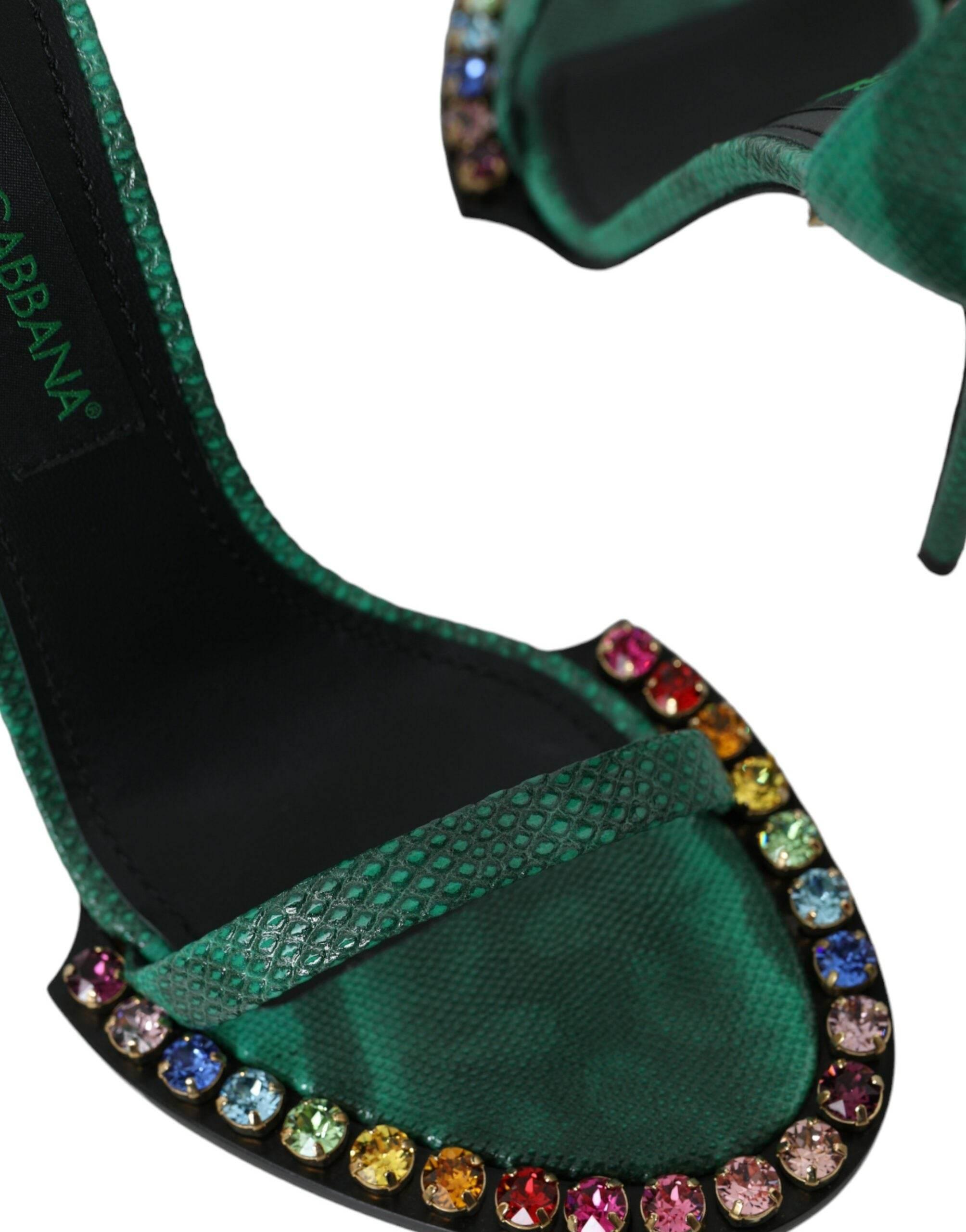 Dolce & Gabbana Green Exotic Leather Crystal Sandals Shoes - Hilstor