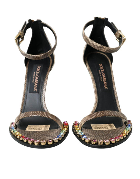 Dolce & Gabbana Brown Exotic Leather Crystal Sandals Shoes - Hilstor