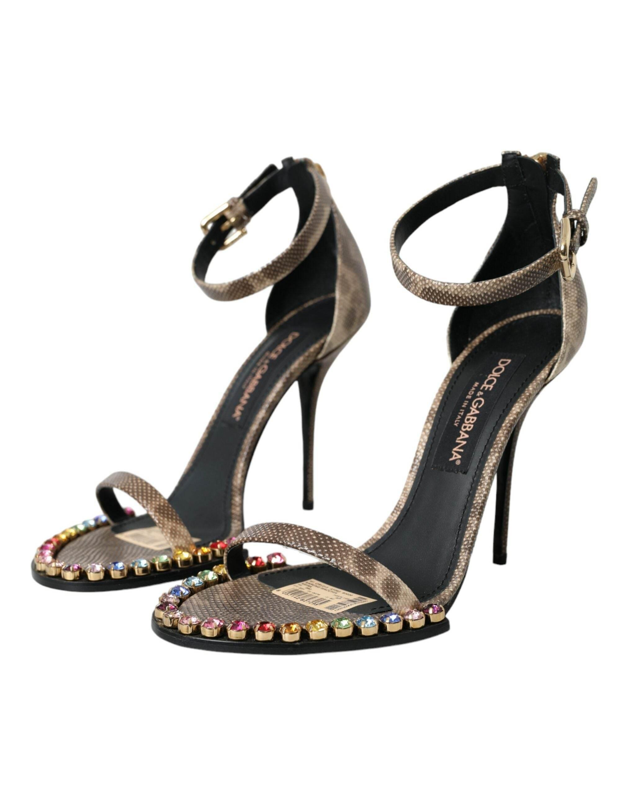 Dolce & Gabbana Brown Exotic Leather Crystal Sandals Shoes - Hilstor