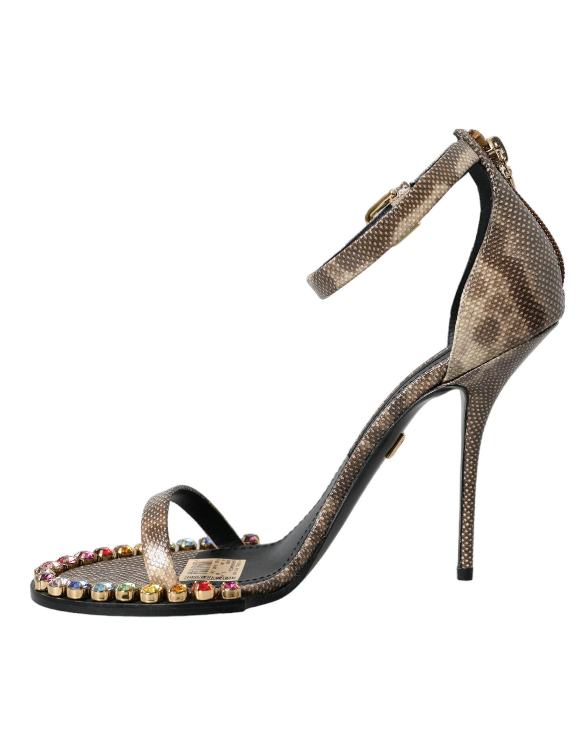 Dolce & Gabbana Brown Exotic Leather Crystal Sandals Shoes - Hilstor