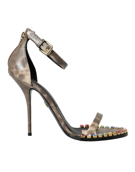 Dolce & Gabbana Brown Exotic Leather Crystal Sandals Shoes - Hilstor