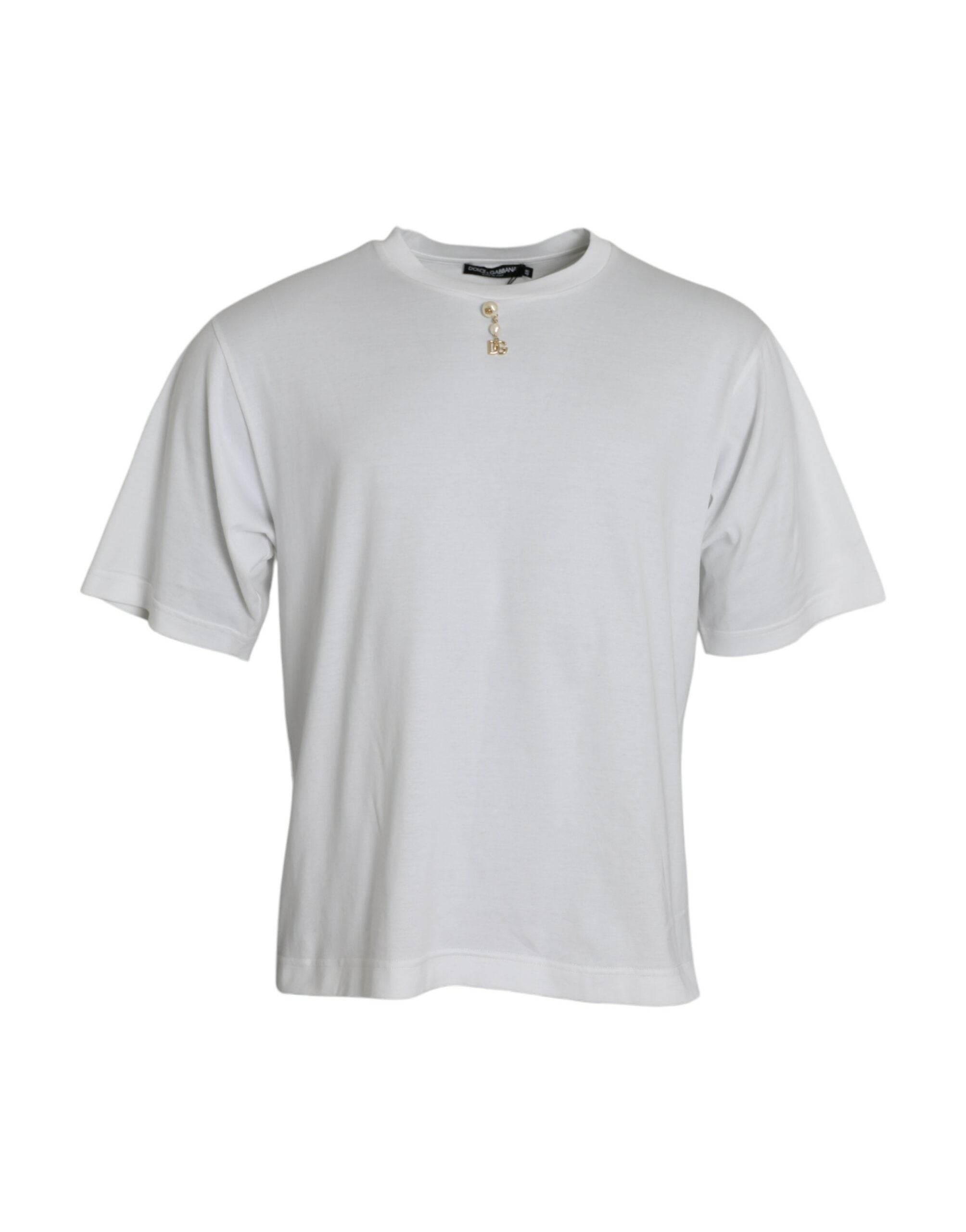 Dolce & Gabbana White Embellished Cotton Crew Neck T-shirt - Hilstor