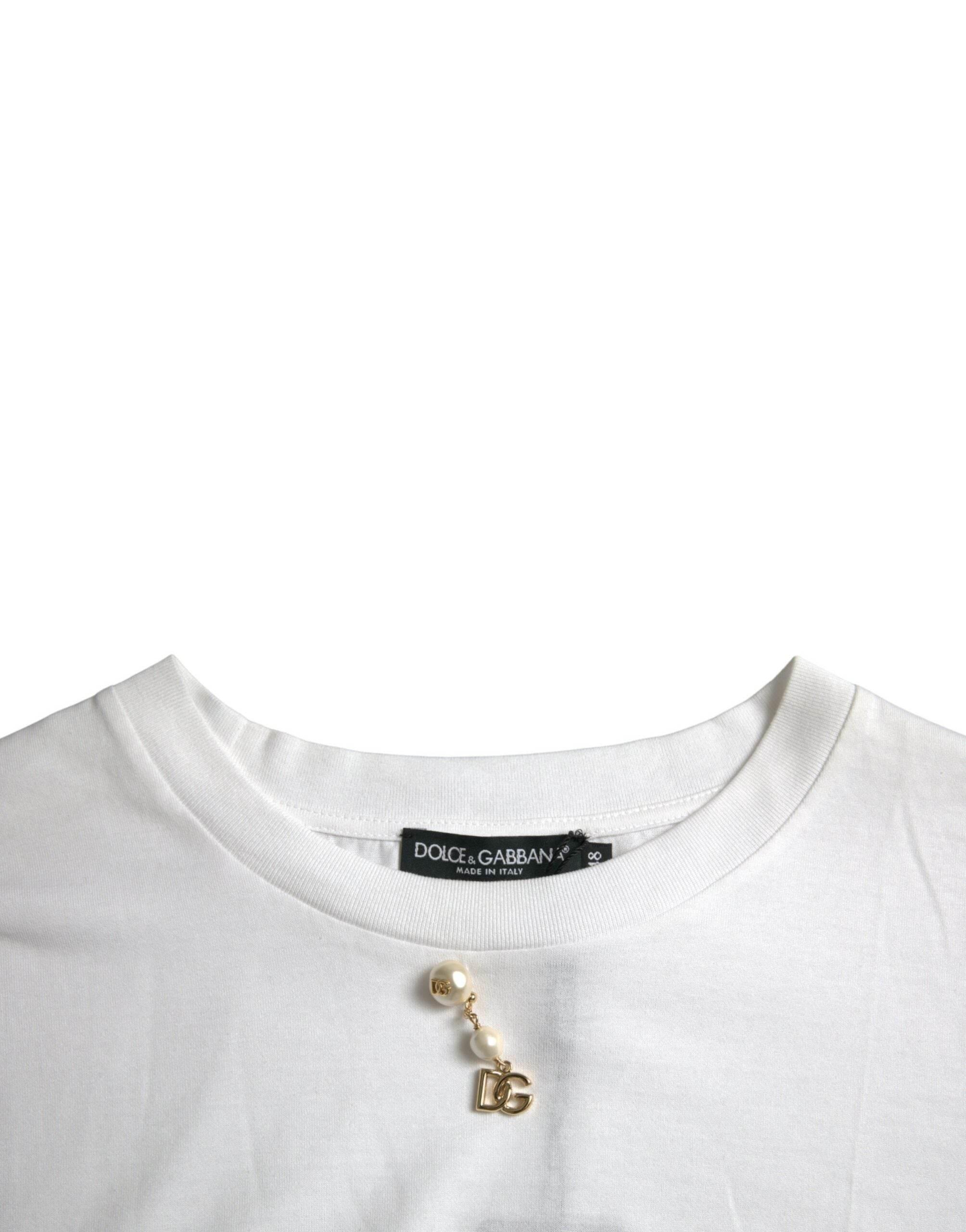Dolce & Gabbana White Embellished Cotton Crew Neck T-shirt - Hilstor