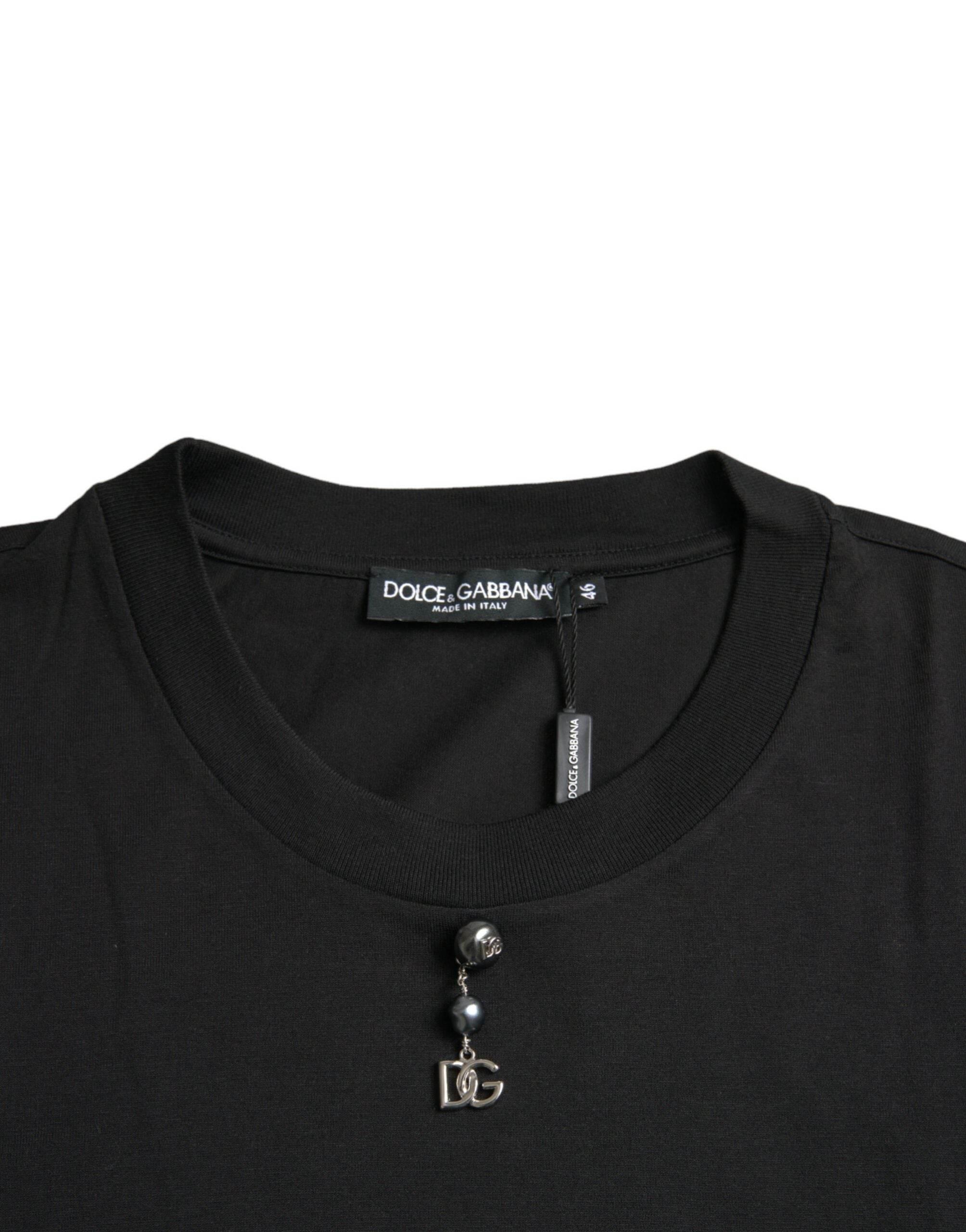 Dolce & Gabbana Black Embellished Cotton Crew Neck T-shirt - Hilstor