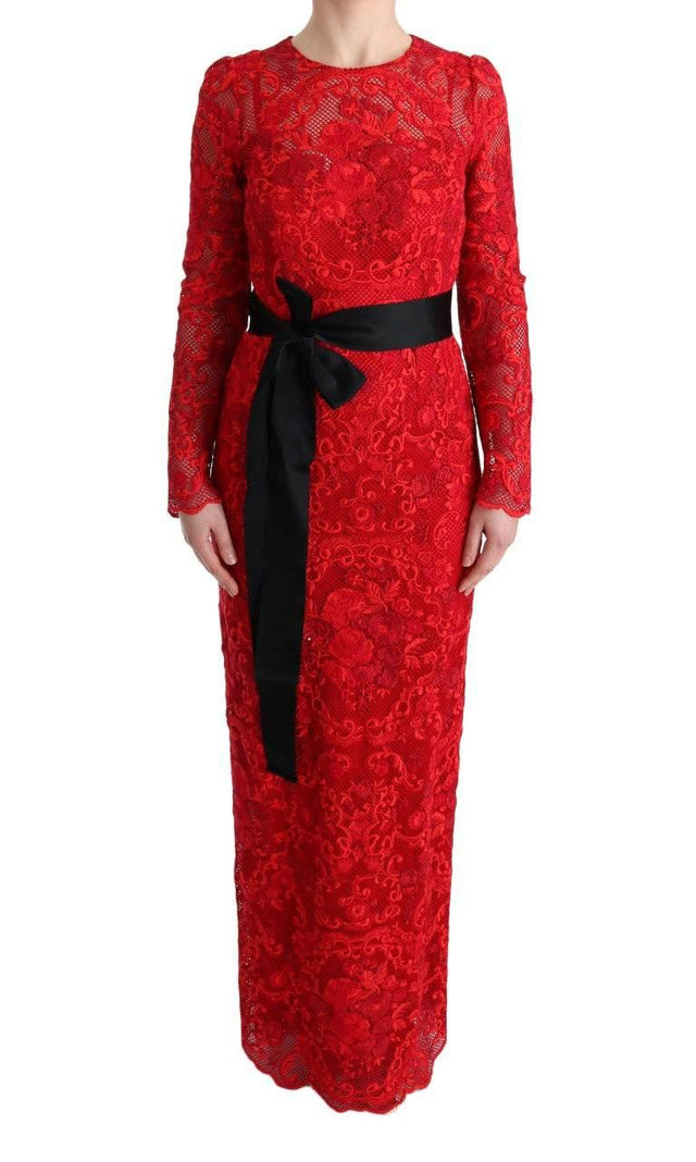 Dolce & Gabbana Elegant Red Sheath Dress with Silk Bow Belt - Hilstor