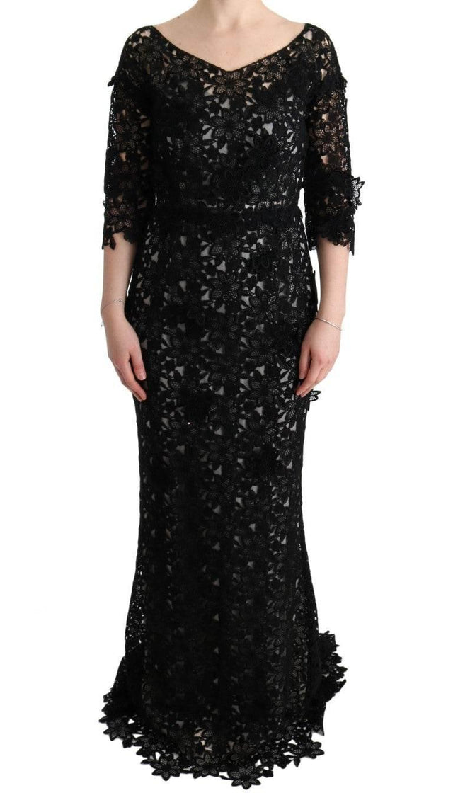 Dolce & Gabbana Black Cotton Silk Floral Long Dress - Hilstor
