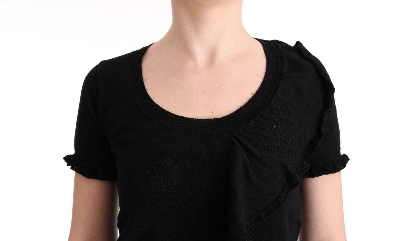 MARGHI LO' Black 100% Lana Wool Top Blouse T-shirt - Hilstor