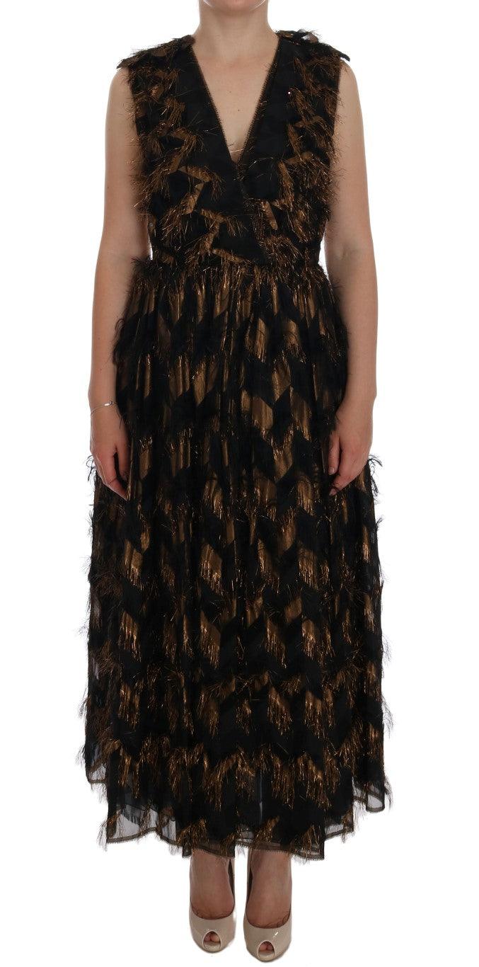 Dolce & Gabbana Black Silk Brown Fringes A-Line Dress - Hilstor