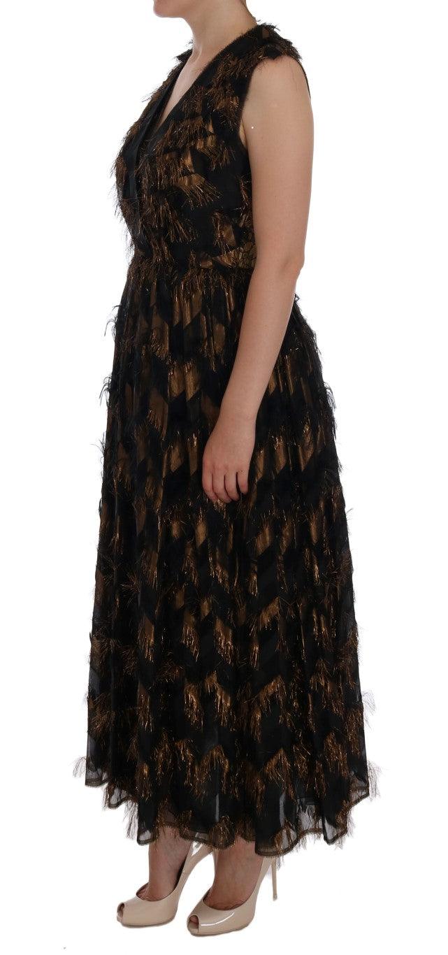 Dolce & Gabbana Black Silk Brown Fringes A-Line Dress - Hilstor