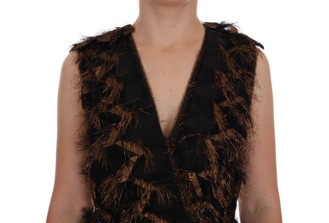 Dolce & Gabbana Black Silk Brown Fringes A-Line Dress - Hilstor