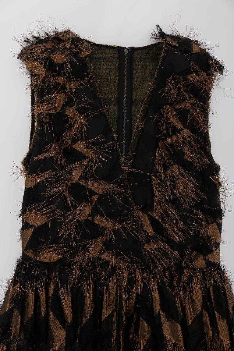 Dolce & Gabbana Black Silk Brown Fringes A-Line Dress - Hilstor