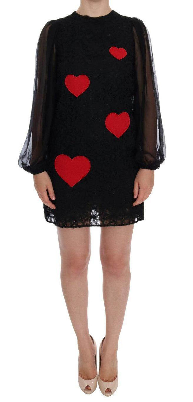 Dolce & Gabbana Black Lace Red Heart Shift Dress - Hilstor