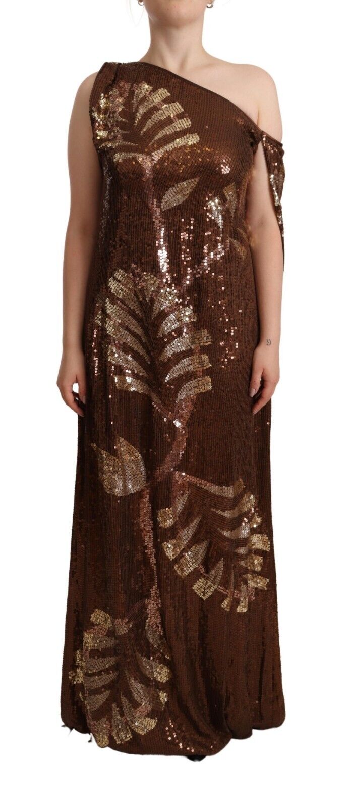 Dsquared² Brown Leaf Pailletter Shift One Shoulder Long Kjole
