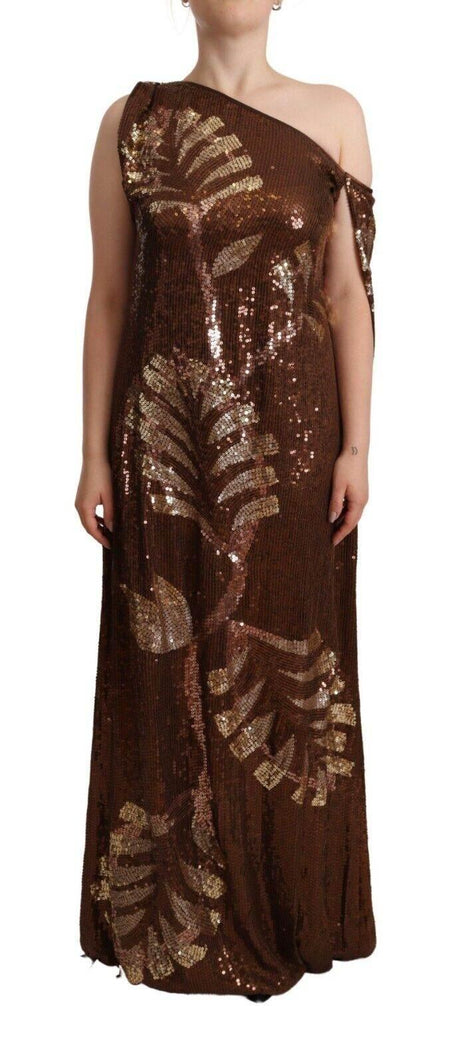 Dsquared² Brown Leaf Sequined Shift One Shoulder Long Dress - Hilstor