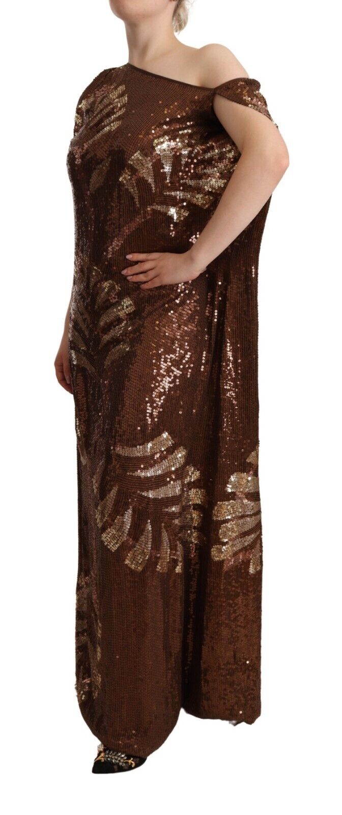 Dsquared² Brown Leaf Pailletter Shift One Shoulder Long Kjole