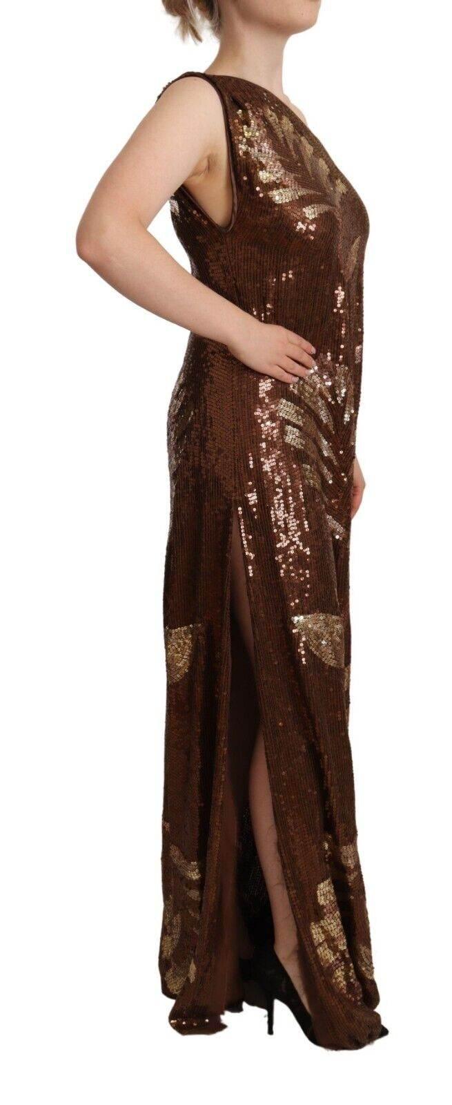 Dsquared² Brown Leaf Sequined Shift One Shoulder Long Dress - Hilstor