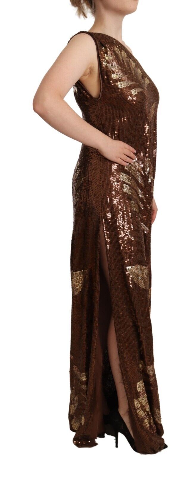 Dsquared² Brown Leaf Pailletter Shift One Shoulder Long Kjole