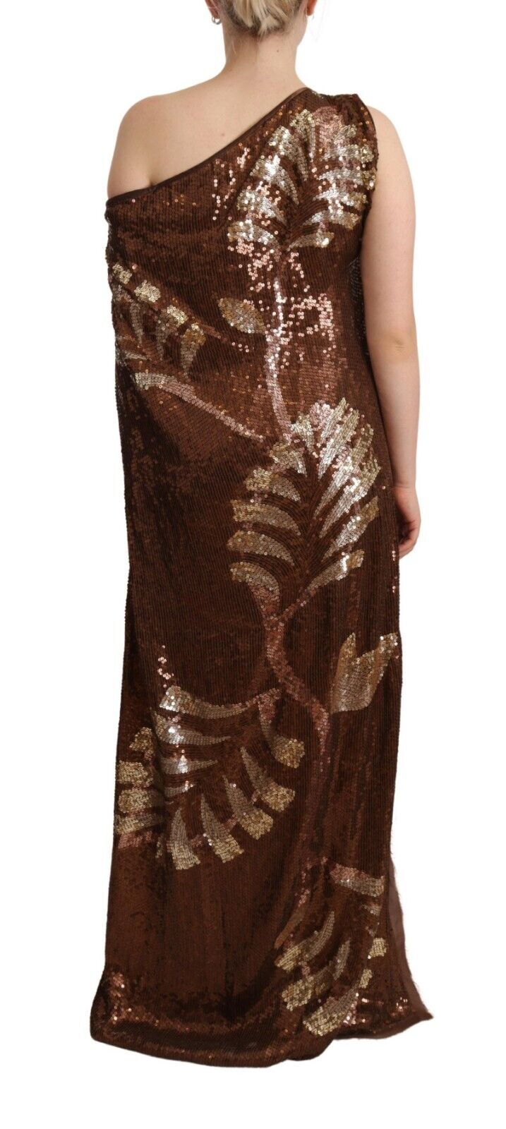 Dsquared² Brown Leaf Pailletter Shift One Shoulder Long Kjole