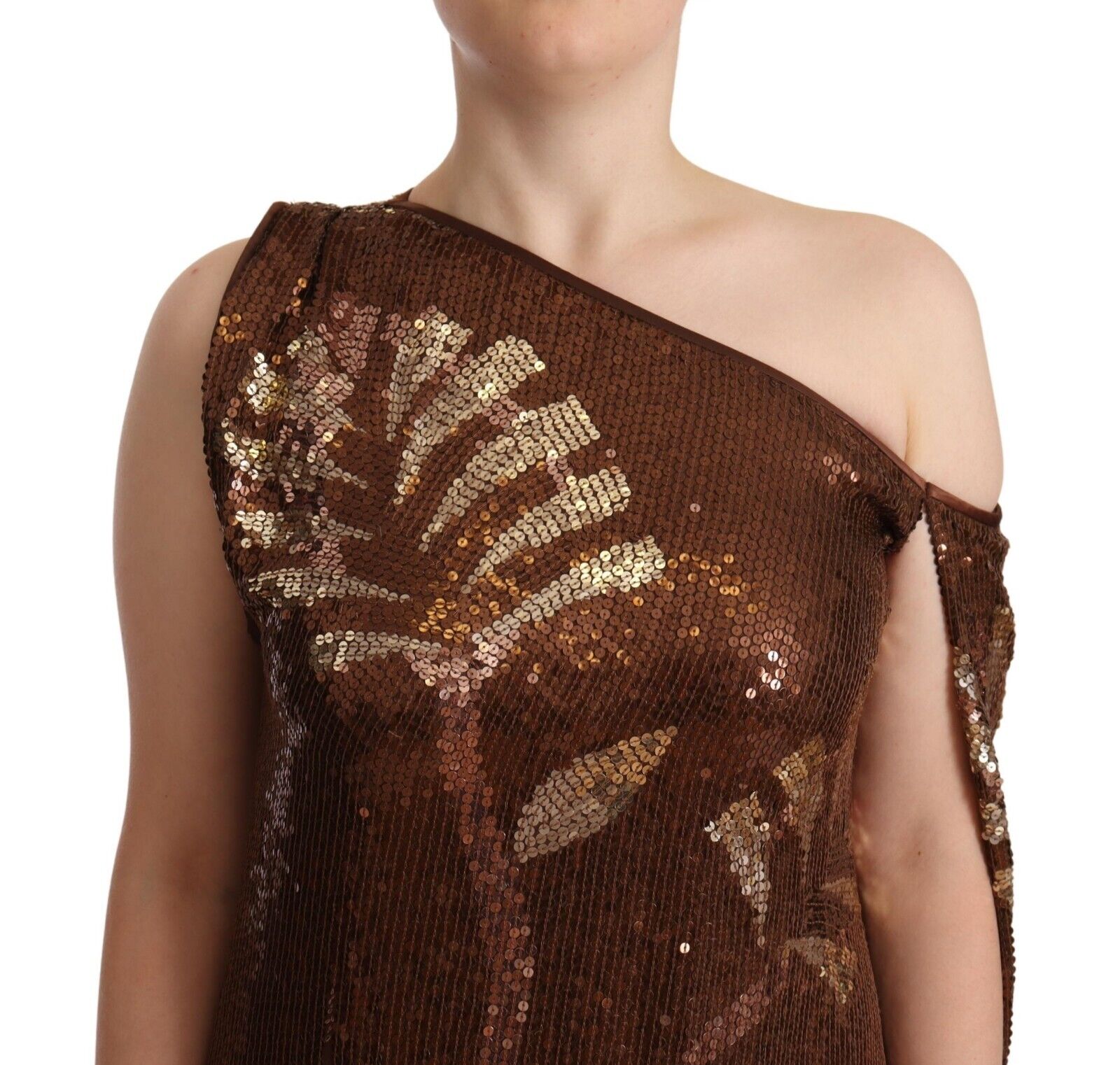 Dsquared² Brown Leaf Pailletter Shift One Shoulder Long Kjole